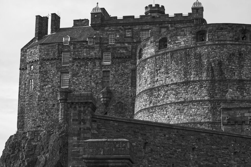 Stunning monochrome photo of Edinburgh Castle, a UNESCO World Heritage site in Scotland.