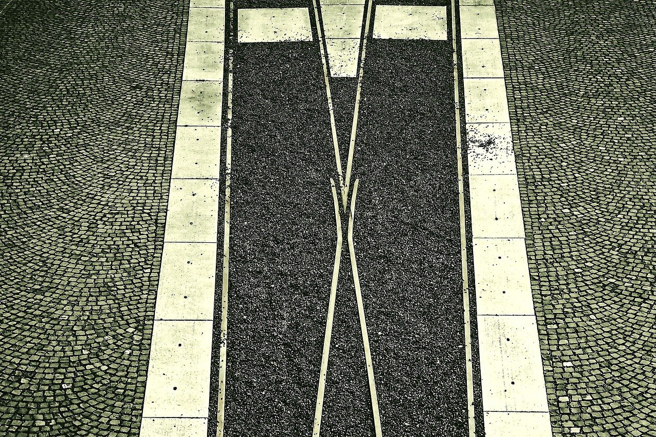 rails, paving stones, paved, streetscape, traffic, goods cart, bill, zollverein colliery, black-and-white, contrast, traffic,