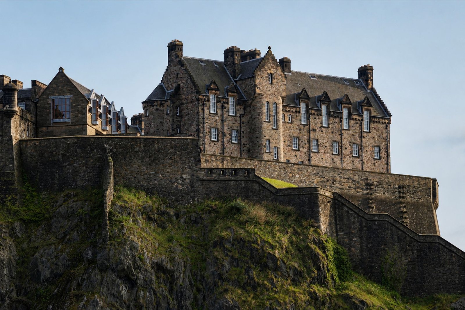 Dramatic view of Edinburgh Castle, a historic fortress in Scotland, atop Castle Rock.