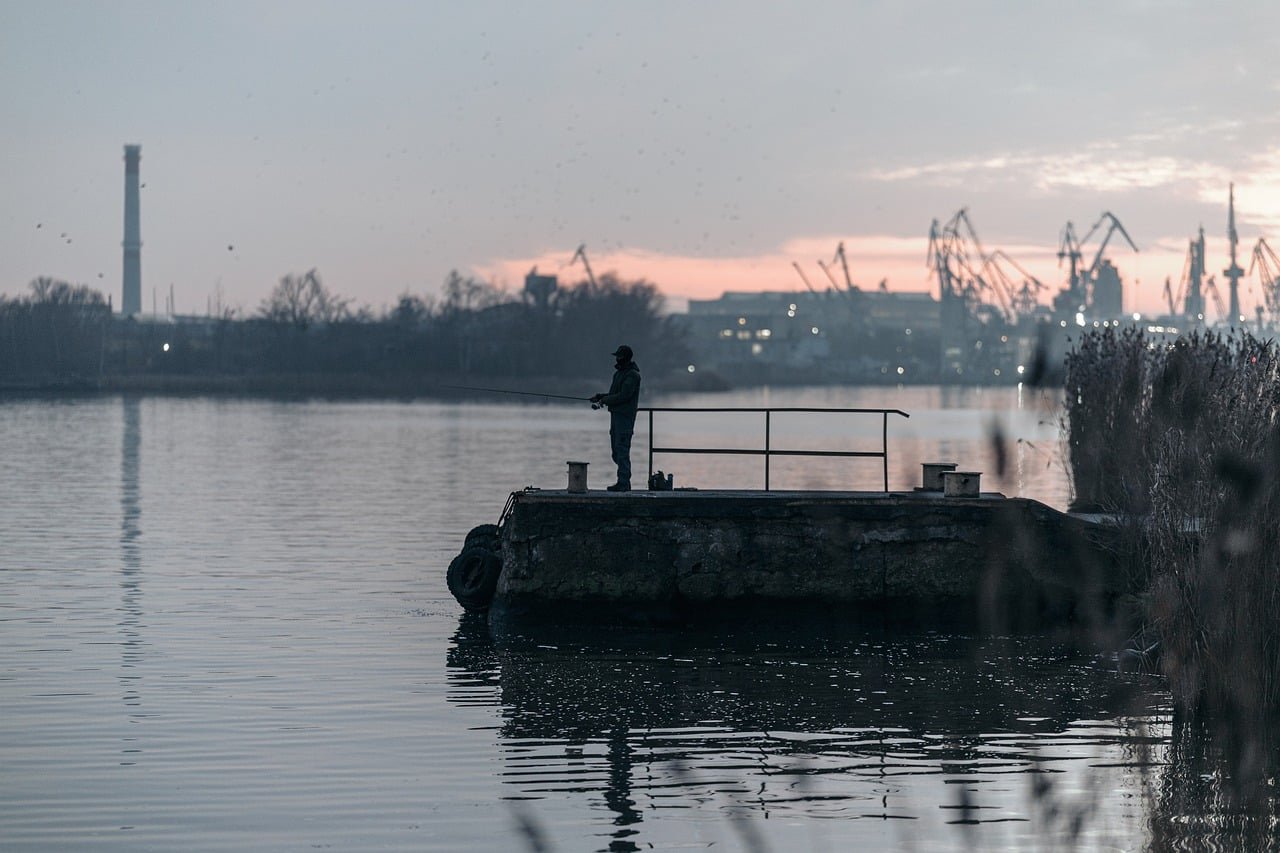 fishing, harbor, silhouette, nature, evening, river, tranquility, concrete, cranes, water, clouds, light, x-ray, work, reflec