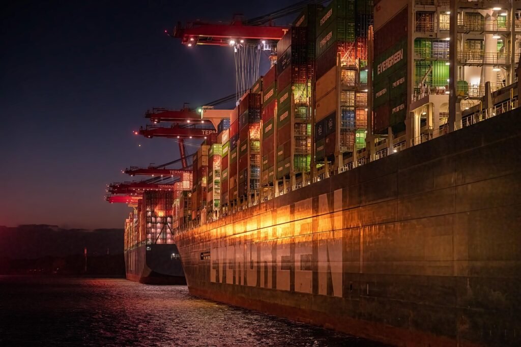 port, container ship, night, cargo ship, freighter ship, ship, evening, hamburg, waltershofer hafen, germany, evening atmosph