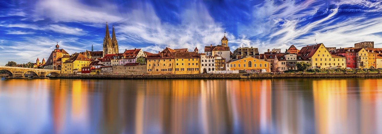panorama, regensburg, river, bridge, danube river, historic center, danube, old city, buildings, cityscape, waterfront, water