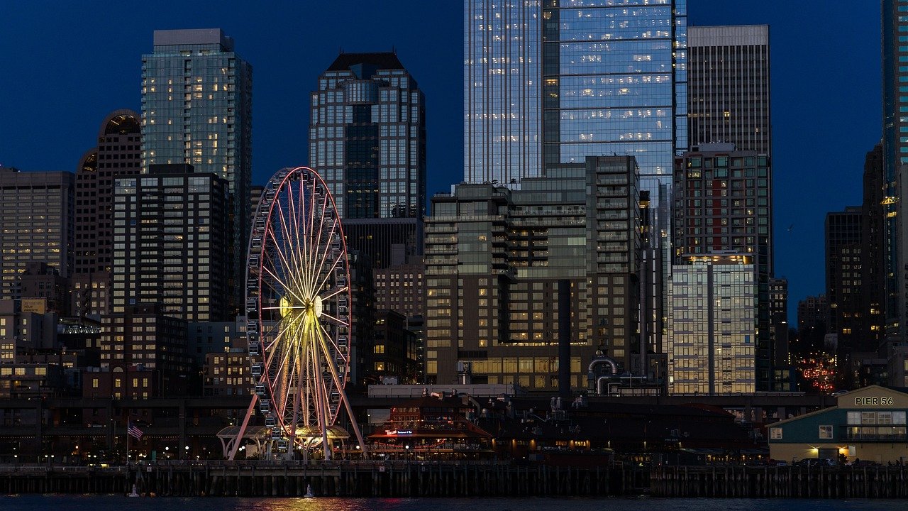 cityscape, ferris wheel, night, city, theme park, buildings, landscape, ferris wheel, ferris wheel, ferris wheel, ferris whee