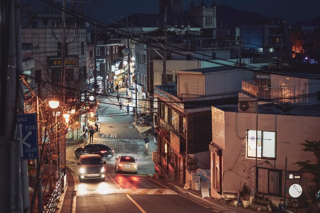 south korea, street, seoul, dusk, sunset, city, landscape, film photography, nature, alley