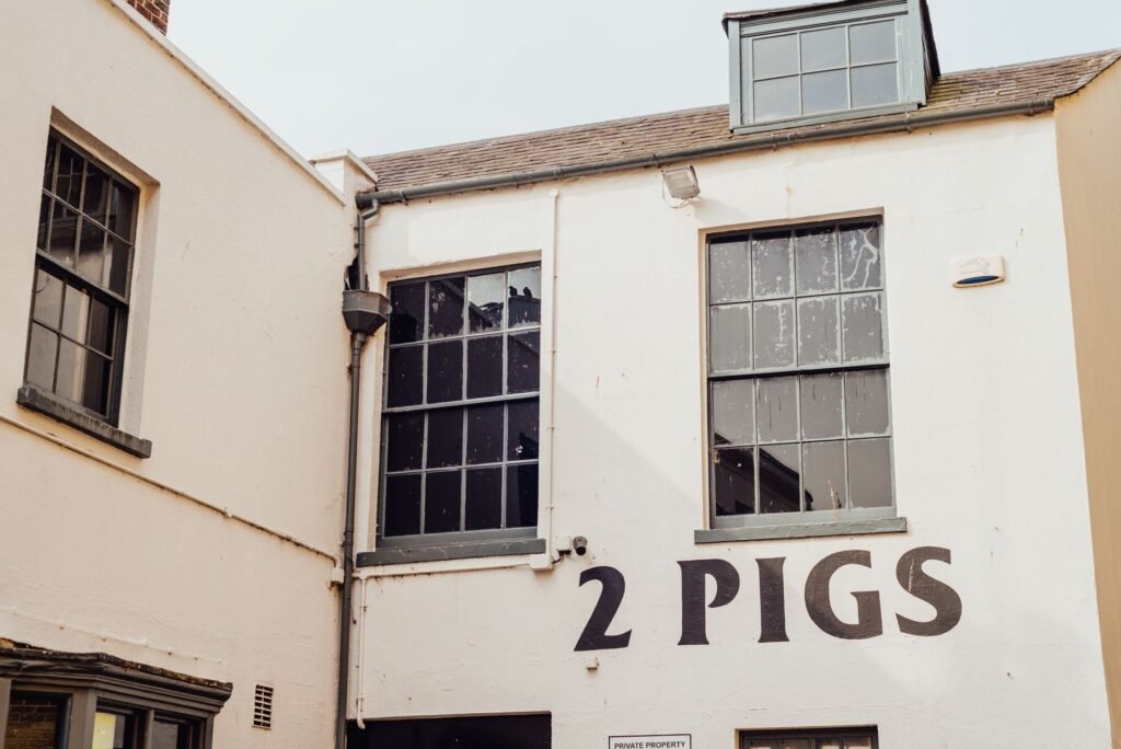 Building facade with windows and a large '2 Pigs' sign in an urban setting.