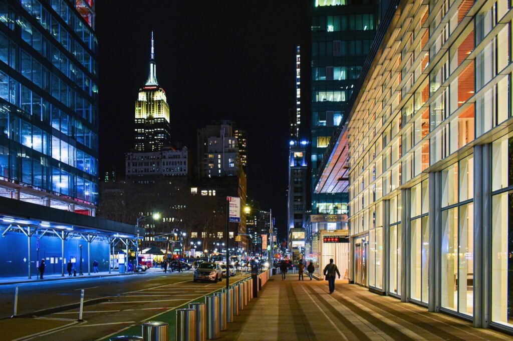 buildings, skyscrapers, architecture, street, road, manhattan, new york, lights, urban, towers, ny, usa, america, cityscape,