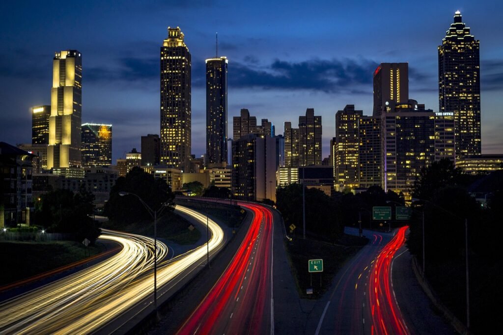 architecture, buildings, city, cityscape, expressway, highway, lights, night, roads, skyline, skyscrapers, urban, motion blur