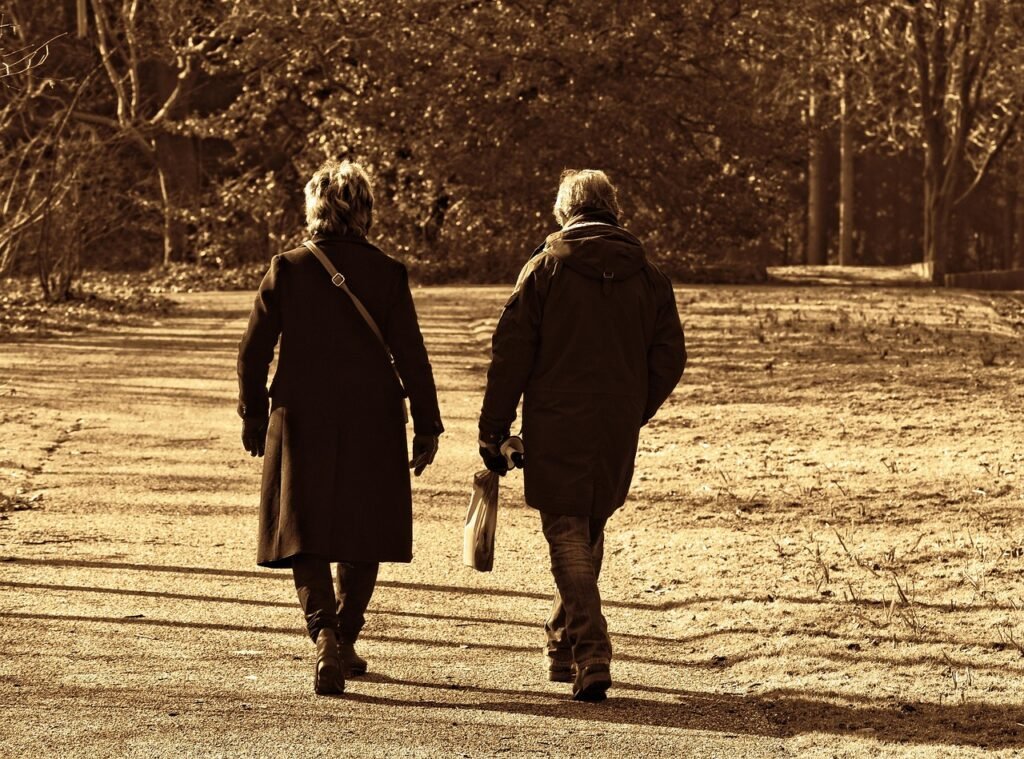 people, man, woman, couple, walking, together, footpath, park, persons, male, female, brown walking
