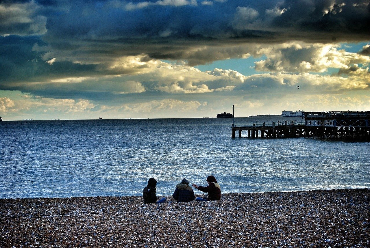 beach, sunset, bridge, sea, sky and clouds, people, stones, portsmouth, nature, hampshire, uk, Portsmouth, United Kingdom, En