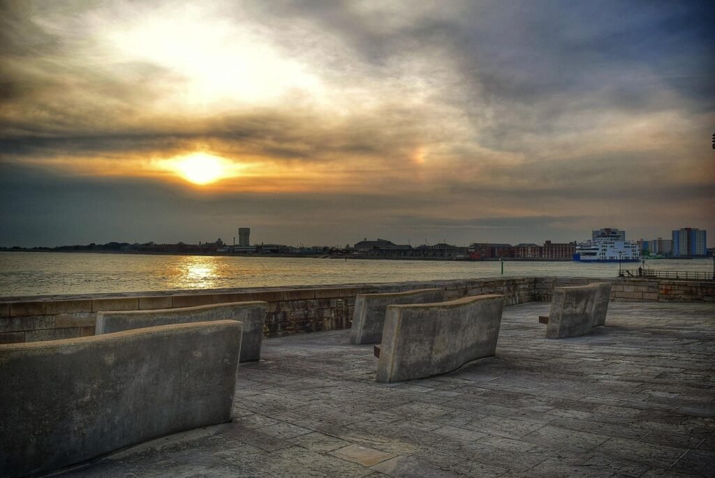 sunset, sea, portsmouth, hampshire, nature, uk, sky and clouds, bench, Portsmouth, United Kingdom, England