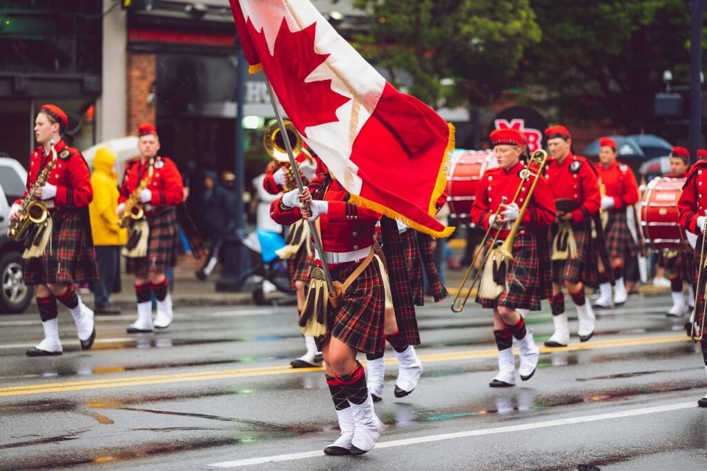 marching band, band, parade, school, street, victoria, victoria day, girls, rainy, flag, canadian flag, band, parade, parade,