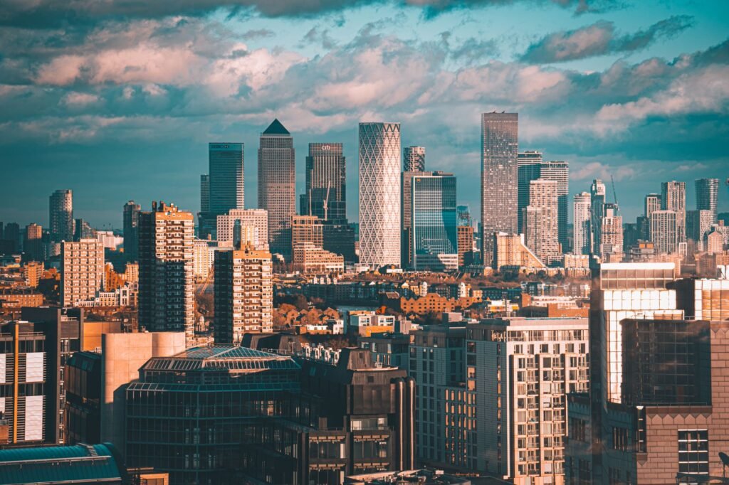 Gorgeous view of London's modern skyline with iconic Canary Wharf skyscrapers.