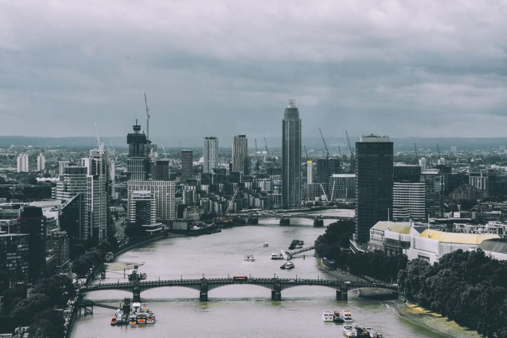 Breathtaking view of London's skyline featuring the River Thames, capturing iconic buildings and urban scenery.