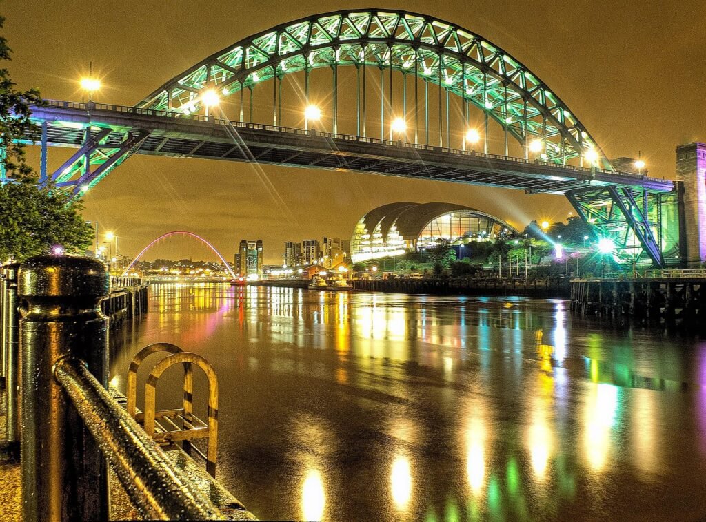 newcastle, night, lights, reflection, gateshead, bridge, nature, tyne, river, quayside, uk, tyneside, landmark, cityscape, tr