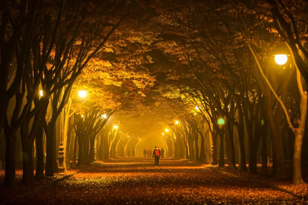 People walking on a lit pathway under autumn trees during evening. Warm and serene atmosphere.