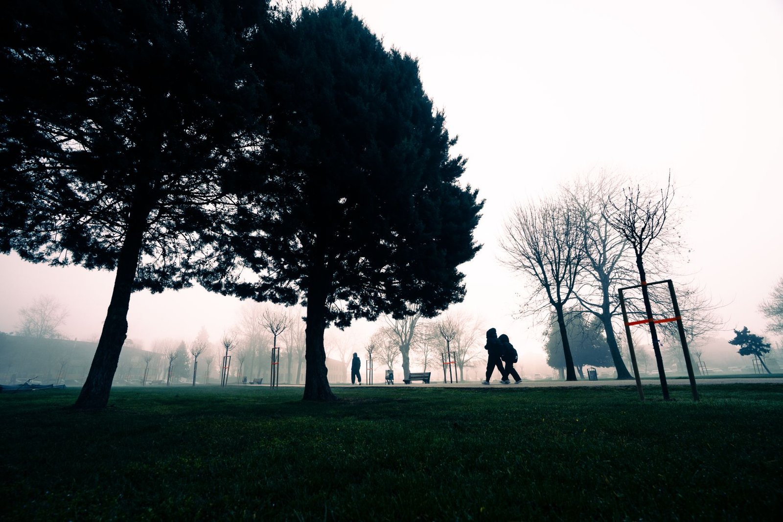 A foggy park scene with silhouetted trees and people walking, creating a serene atmosphere.