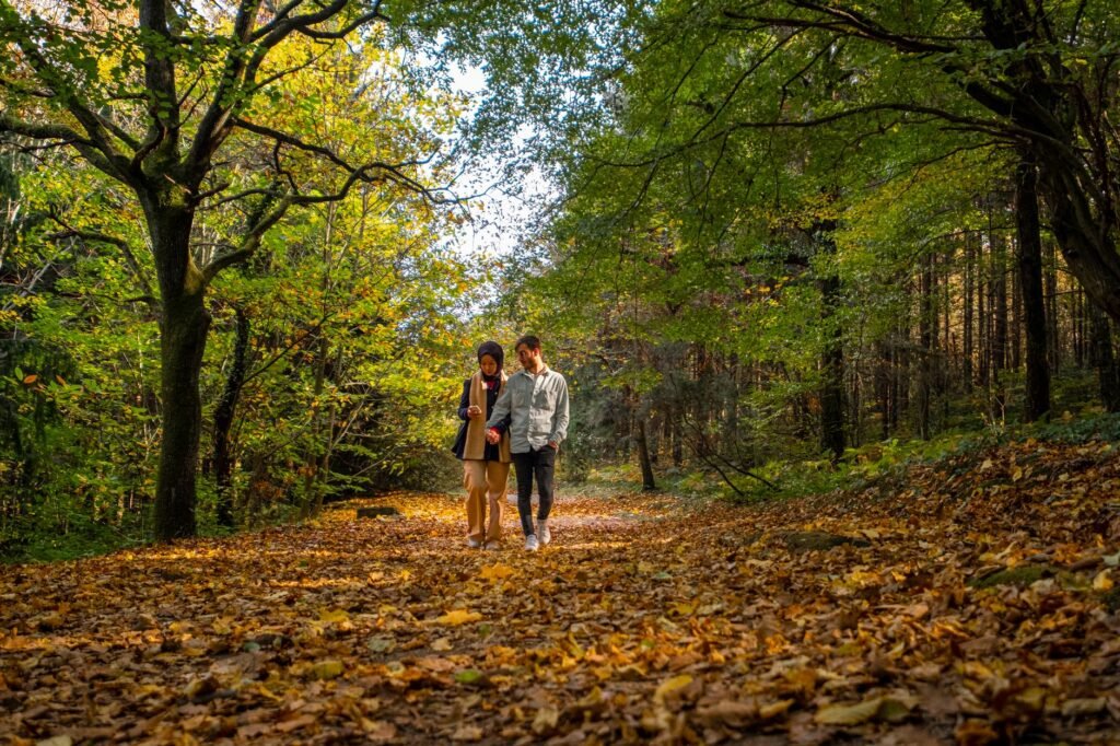 A couple strolls through an autumn forest in İstanbul, surrounded by colorful leaves.