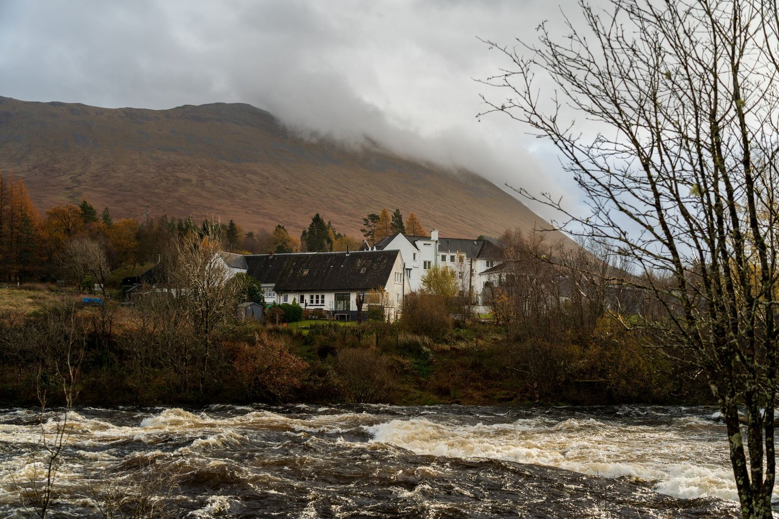 Picturesque view of a river flowing past rustic houses with a misty mountain backdrop.