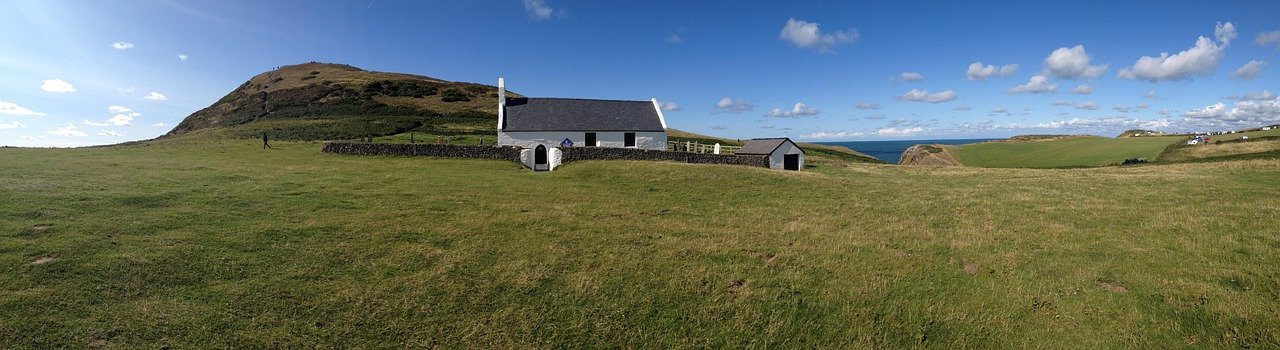 church, mount, panorama, scenery, green, landscape, sky, nature, travel, view, panoramic, blue sky, scenic, blue, ancient, mo