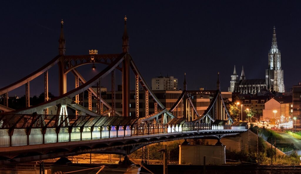 bridge, city, night, church, tower, buildings, lights, evening, ulm cathedral, ulm minster, ulm, münster, germany, city, ulm,