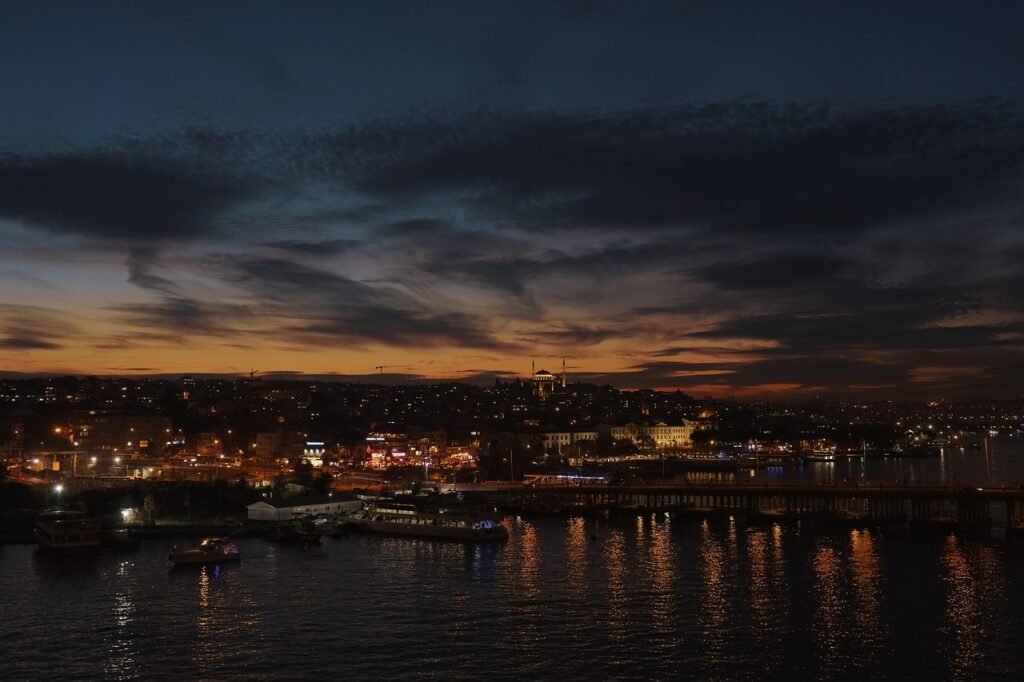 sea, nature, ocean, buildings, night lights, night, estuary, istanbul