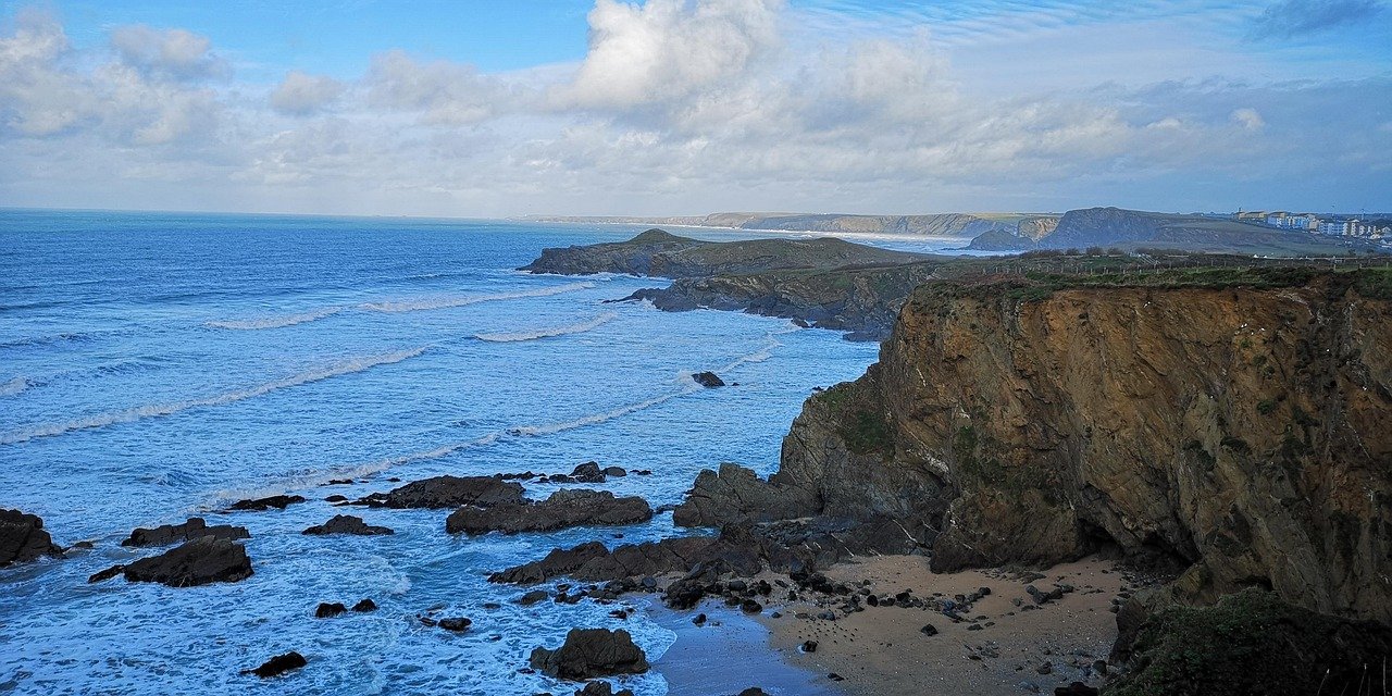 cornwall, coast, ocean, sea, nature, waves, riches, clouds cliffs, England, United Kingdom, Newquay