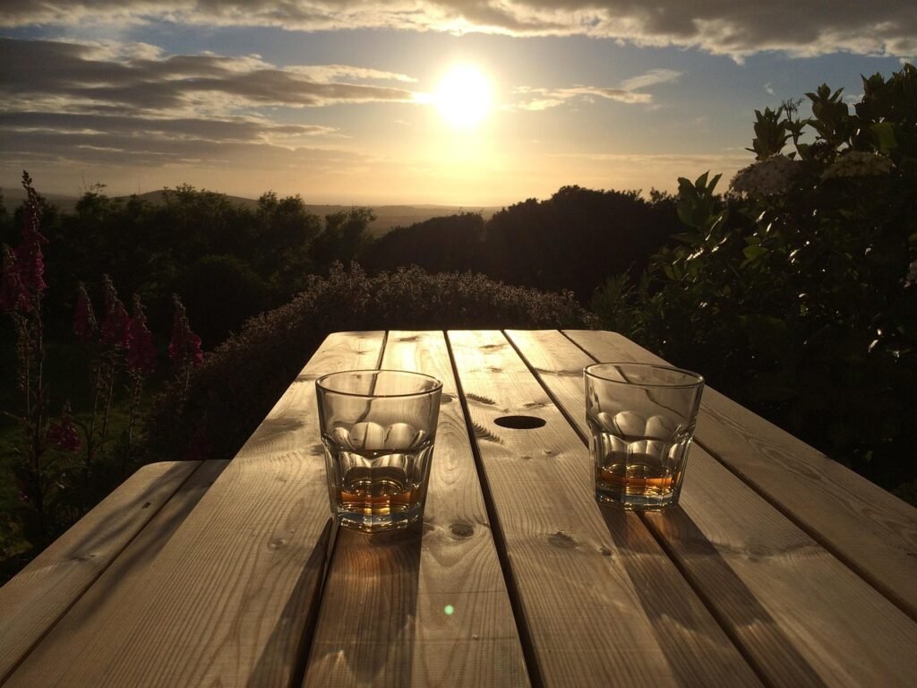 sunset, sunrise, glass, whiskey, wood, bench, nature, sun, sky, summer, light, sunlight, cloud, outdoor, blue, sea, morning,