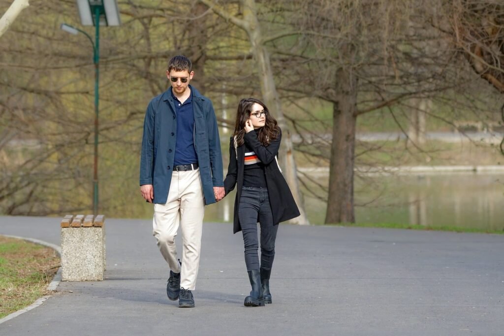 young, couple, casual, walking, together, alley, park, lake, nature, relaxation, spring, lifestyle, people