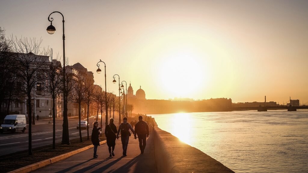 sunset, city, river, evening, company, people, st petersburg russia, urban, nature, lights, modern, shadow