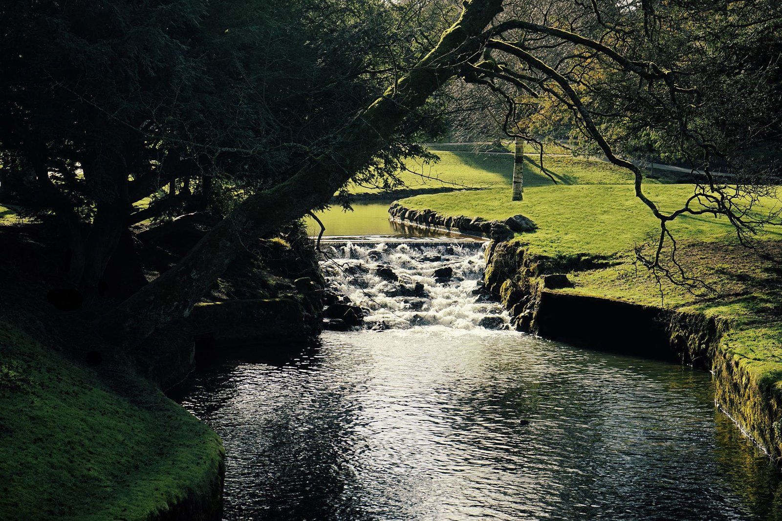 Peaceful river and woodland scene in Buxton, England with flowing water, ideal for nature photography.