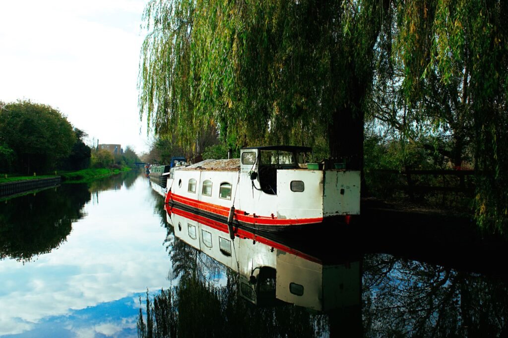 A serene river landscape in Hertford, England, featuring a white and red barge moored under a willow tree.