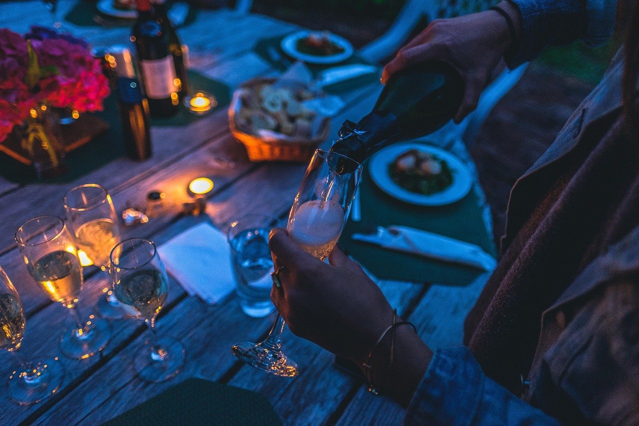 celebration, champagne, glasses, pour, pouring, champagne glasses, bottle, champagne bottle, glassware, stemware, dark, dinne
