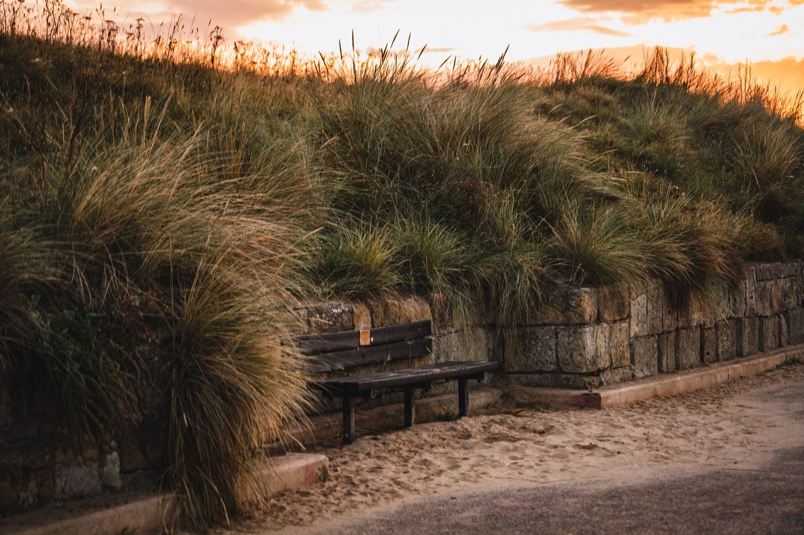 Serene view of a bench along the coastal pathway in York, England at sunset.