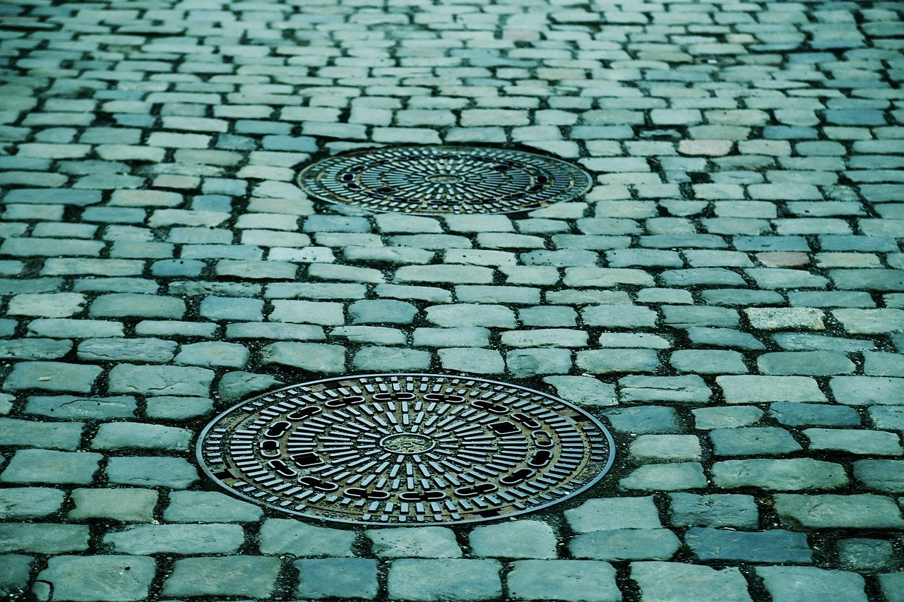 cobblestones, street, manhole covers, manhole, paving stones, pavement, road, ground, cobbblestone street, street, manhole, g