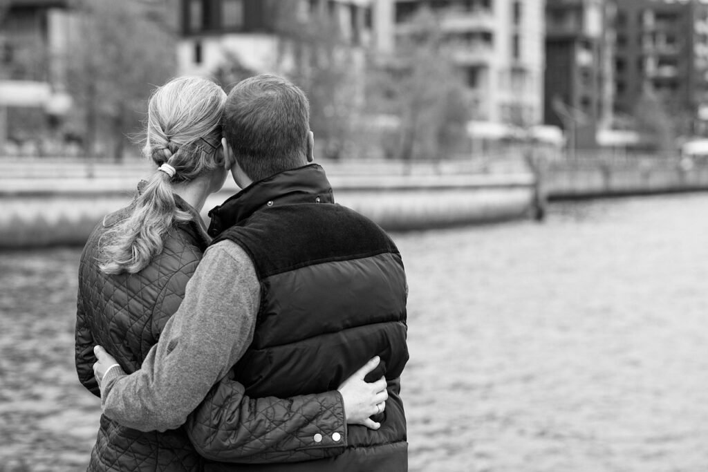 couple, embrace, portrait, back, together, lovers, love, affection, relationship, affectionate, pair, romantic, monochrome, b