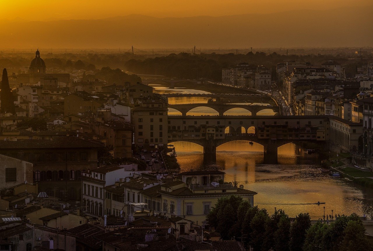 italy, sunset, arno river, florence, nature, architecture, tuscany, river, building, firenze, europe, bridge, landmark, lands