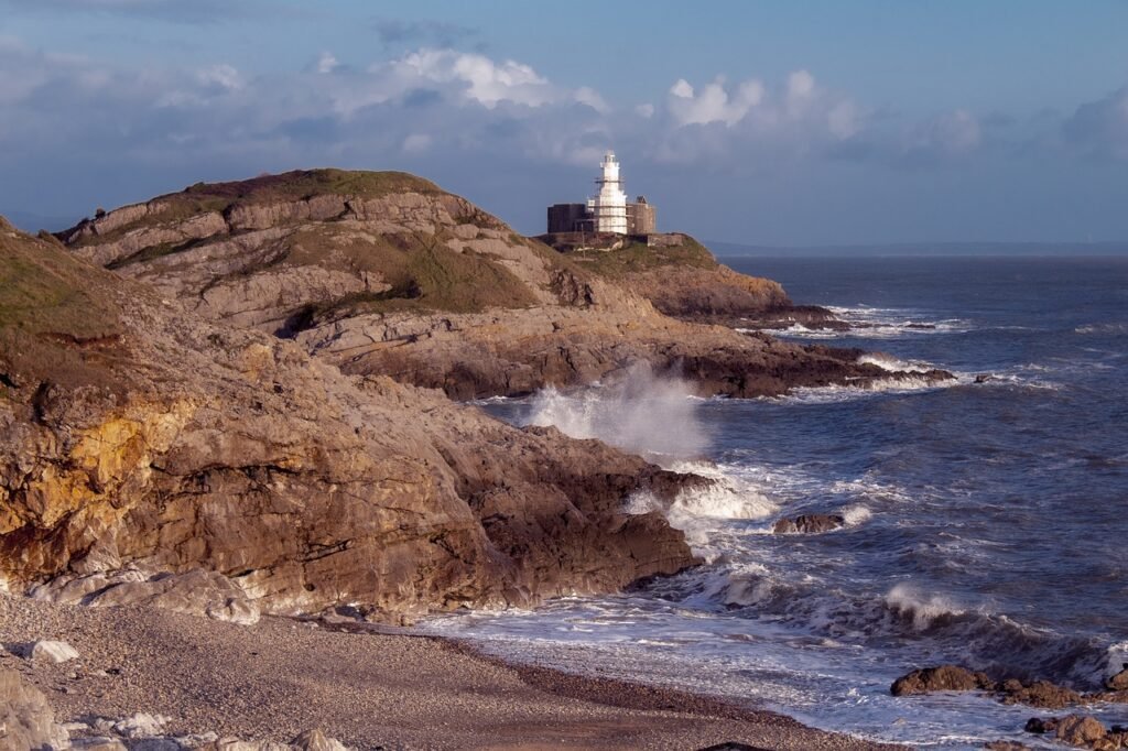 lighthouse, mumbles, coast, swansea, wales, water, sea, summer, uk, nature, welsh, seascape, bay, landmark, islands, beach, g