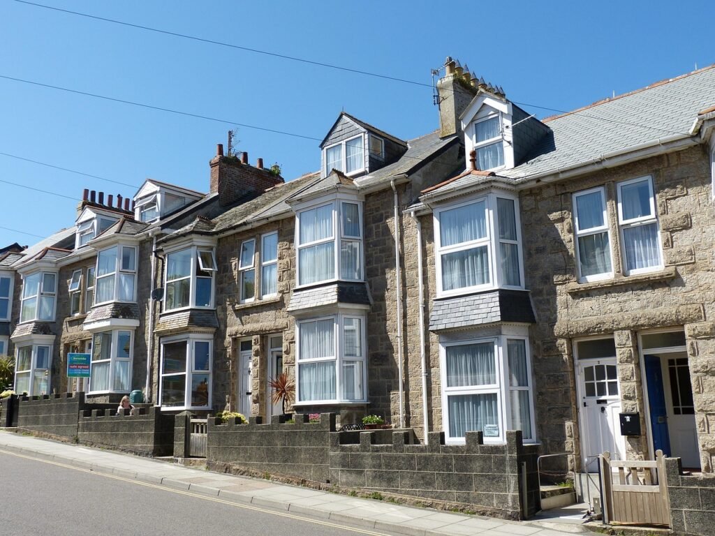 england, united kingdom, houses, settlement, terraced houses, facade, window, bay window, chimney, st ives, cornwall, terrace