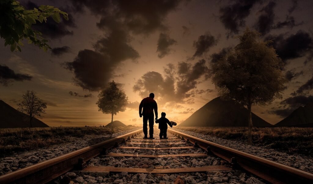 father and son, walking, railway, railroad, gravel, silhouettes, sunset, family, dusk, twilight, walking together, parent, fa