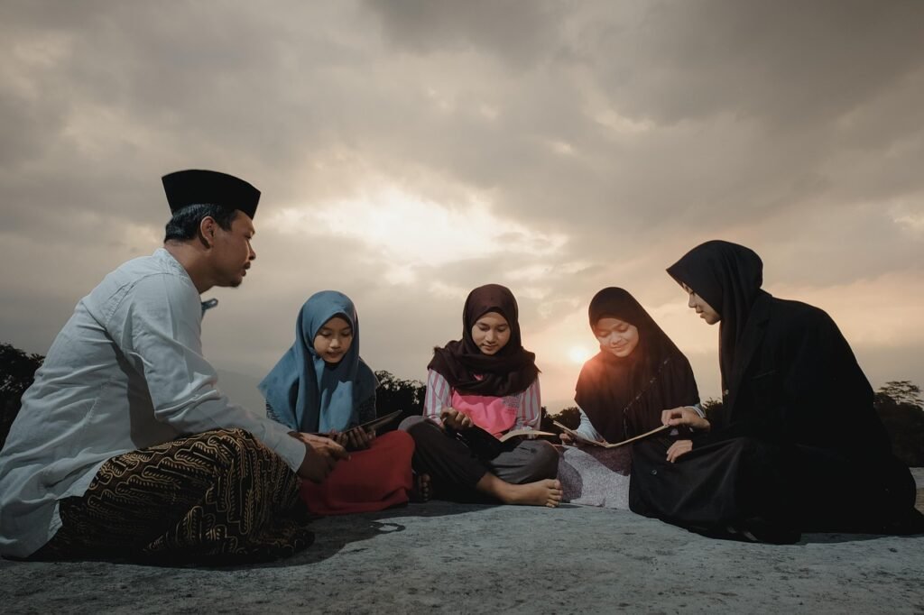 studying, teacher, students, sunset, nature, group, learn, women, reading, muslims, hijab, asian, dusk, asia