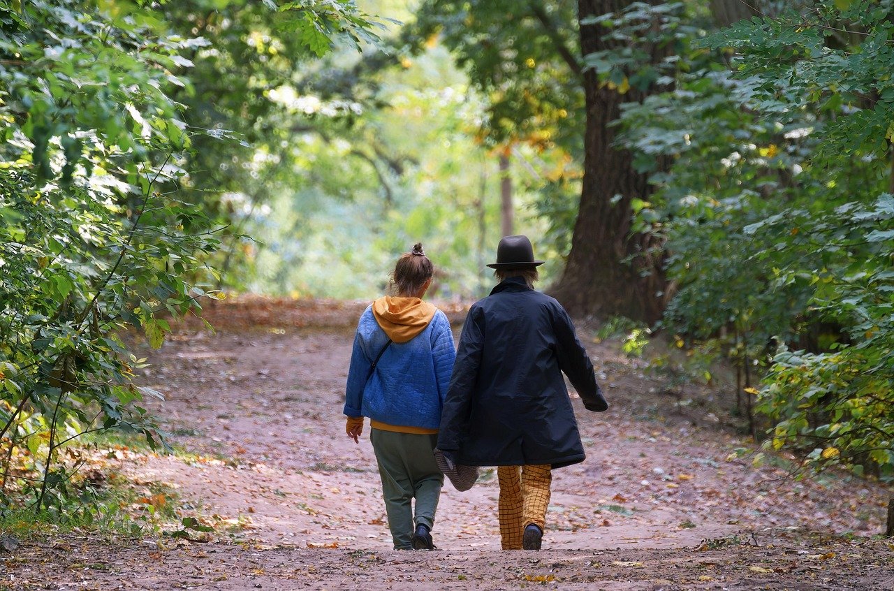 couple, walking, forest path, people, trail, trees, casual, path, nature, forest, autumn, leaves, slope, outdoors