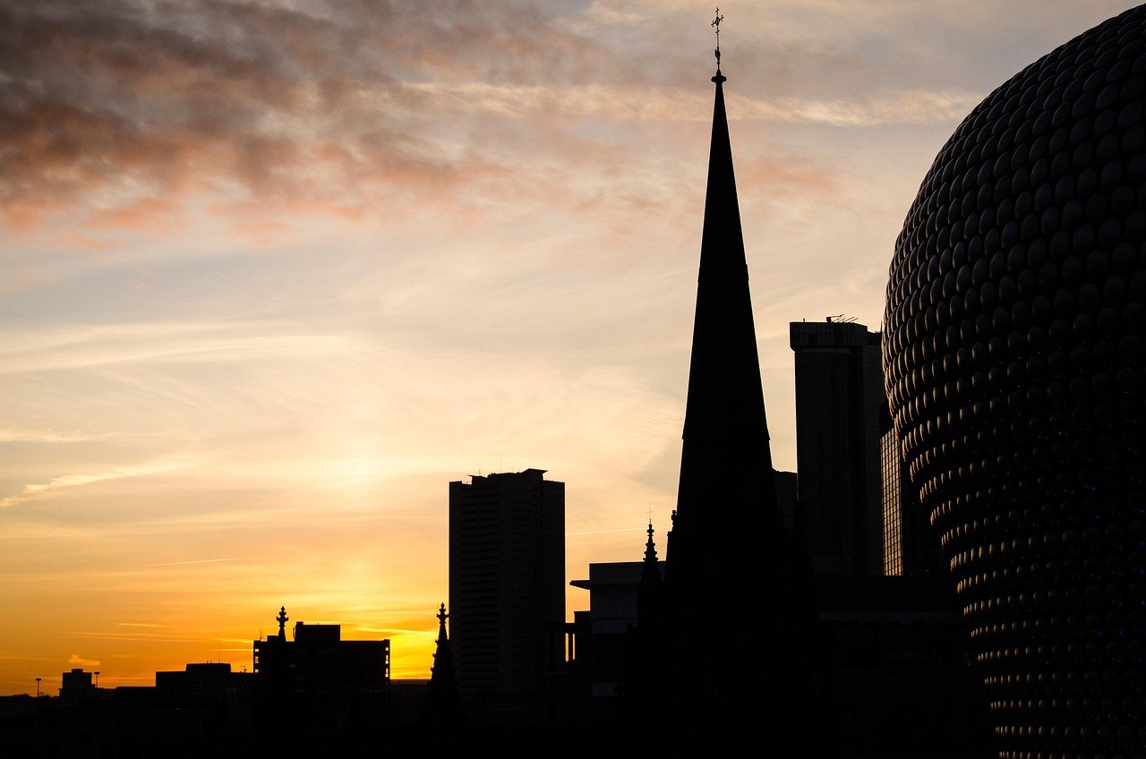 bull ring, sunset, birmingham, united kingdom, buildings, nature, city, urban, night, dusk, landmark, silhouette