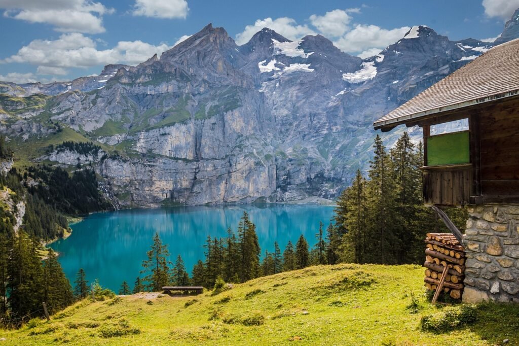 lake, mountains, hut, mountain lake, mountain hut, cabin, building, house, alpine, alps, nature, scenic, lake oeschinen, swit
