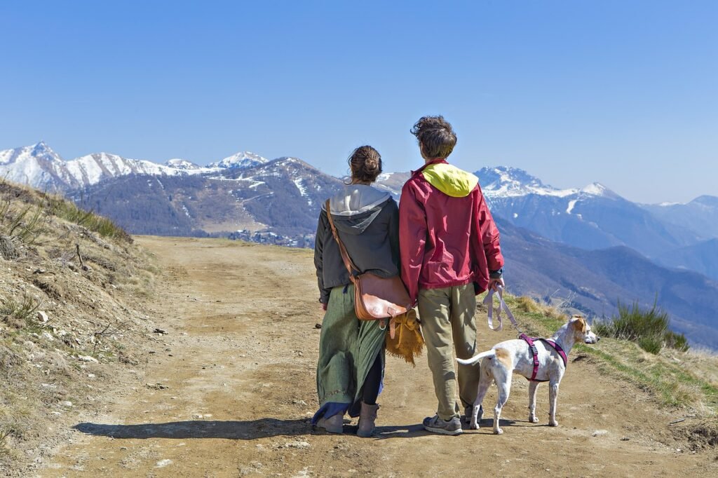 couple, guy, girl, dog, mountain, pet, mountains, nature, people, hug, romantic, friendship, animal, look, far, future, trail
