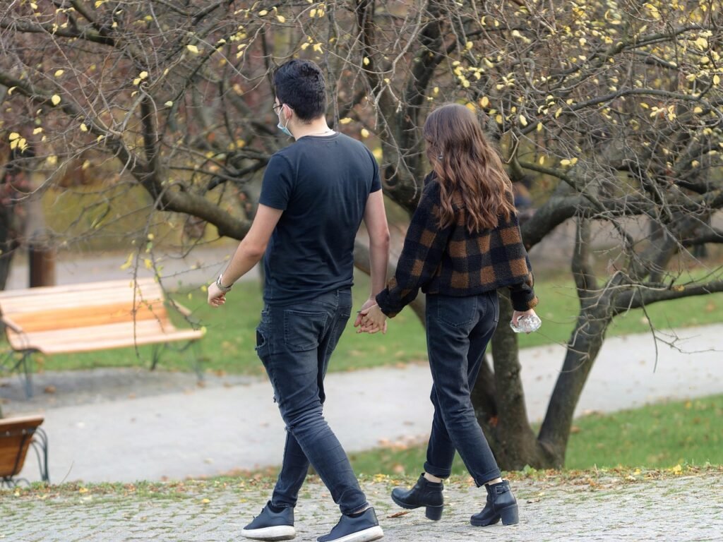 couple, park, nature, walking, young, alley, leaves, romantic, happiness, people