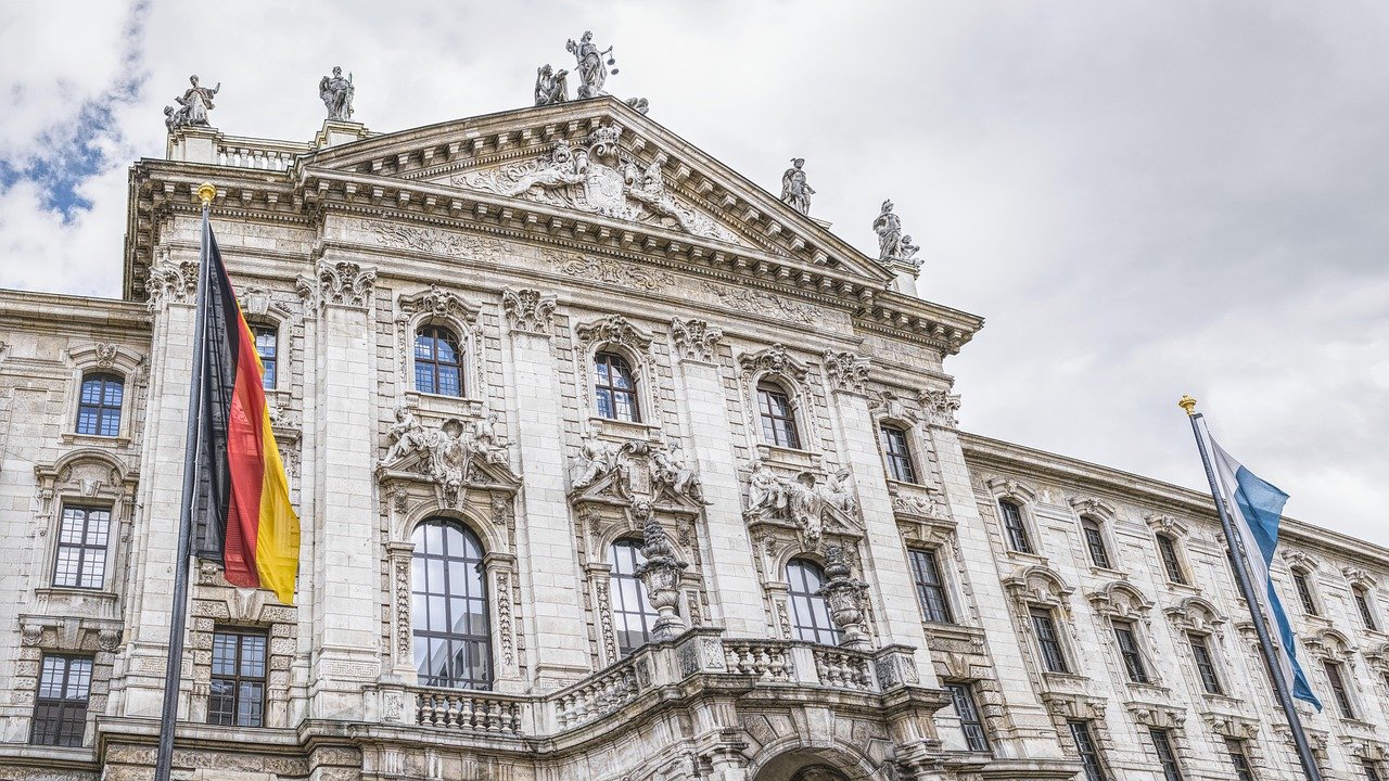 munich, architecture, court of justice, the federal constitutional court, bavaria, district court, facade, flag, building, ci