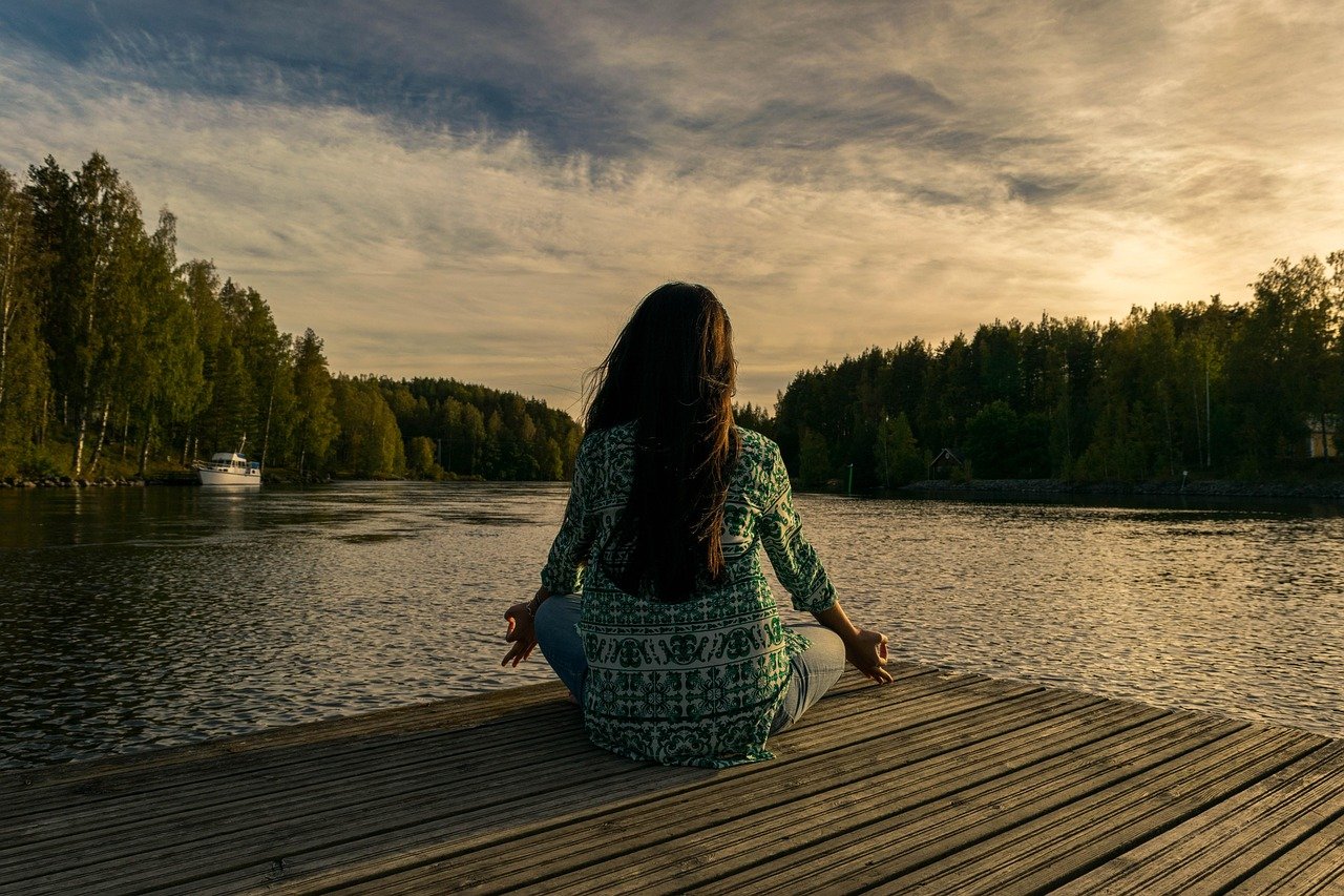 yoga, nature, woman, lake, outdoors, lotus pose, meditation, mindfulness, balance, meditating, wellness, sunset, twilight