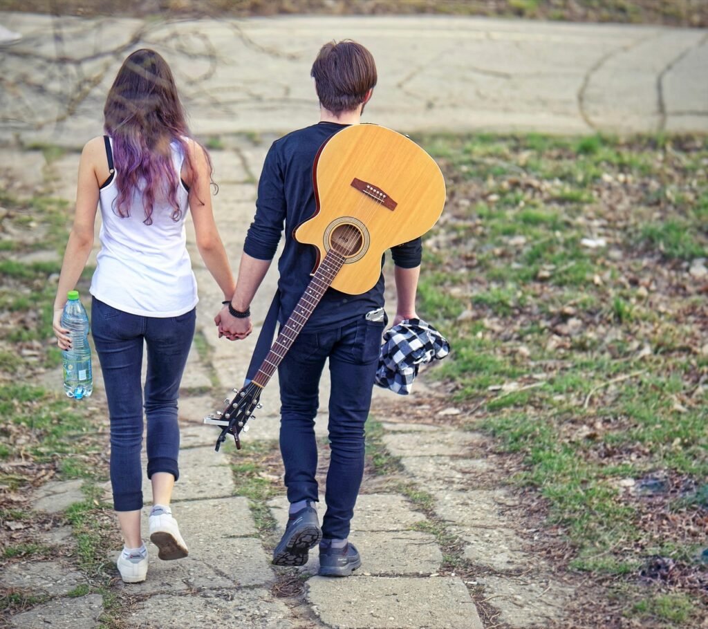 couple, walking, holding hands, park, the guitar, sidewalk, alley, relationship, romantic, romance, outdoor, couple, holding