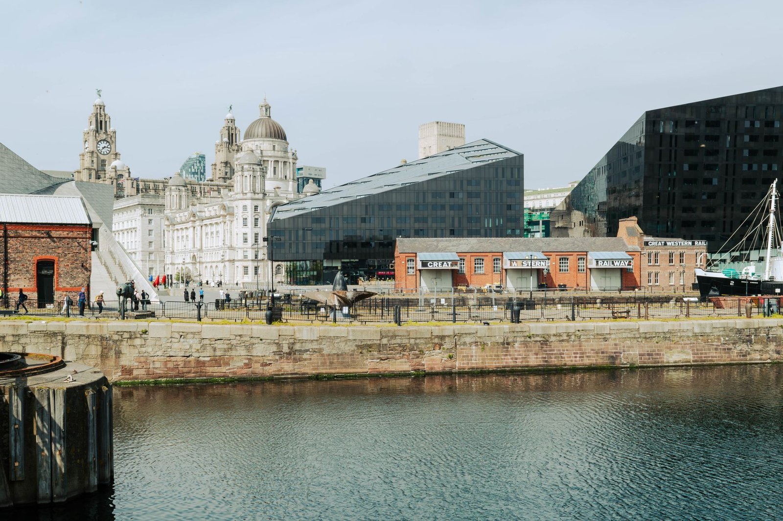 A view of Liverpool's iconic waterfront featuring historic architecture and the Mersey River.