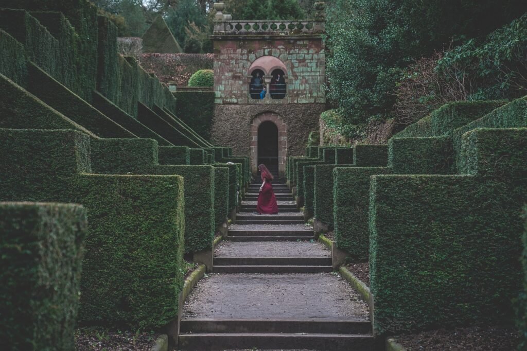 garden, castle, grange garden, park, architecture, mansion, old, romantic, woman walking, uk, red dress, nature, woman in red